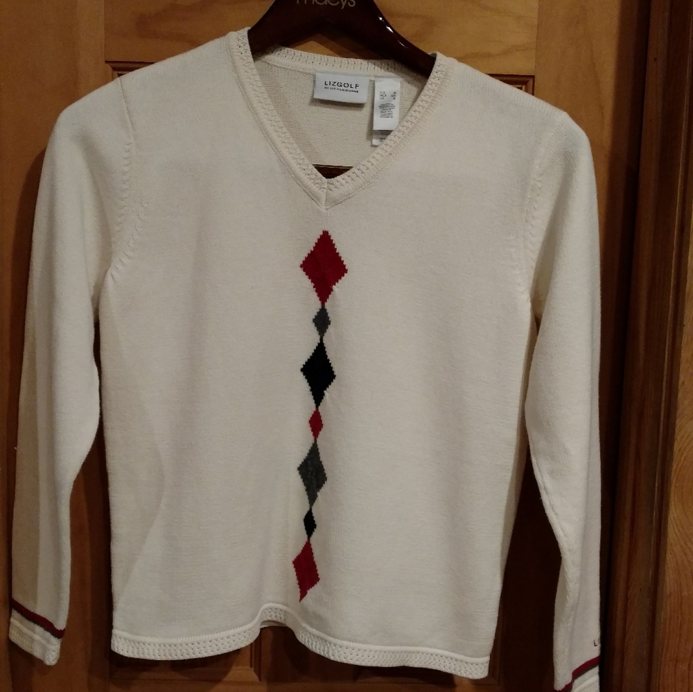 Cream Red Grey and Black V Neck Sweater